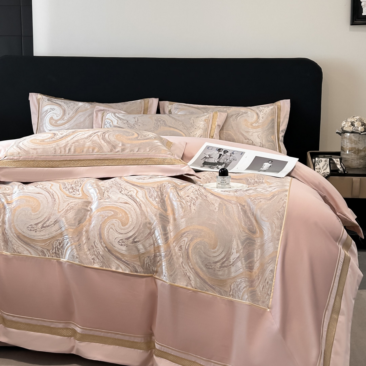 91家纺网 家纺一手货源 找家纺 博纳家纺 2026春夏新款全棉纯棉高精密色织提花绣花四件套-炫彩年华 炫彩年华-朱颜粉