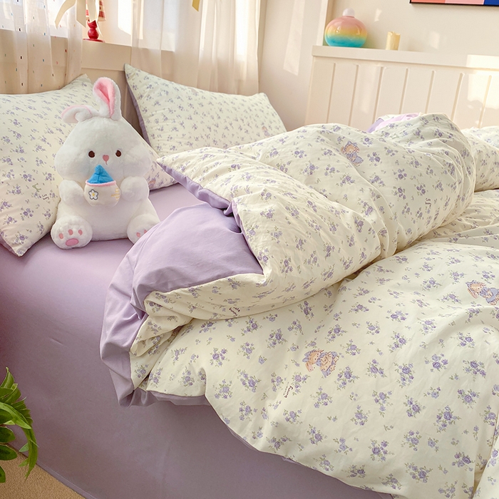 91家纺网 家纺一手货源 找家纺 卢赛尔 2026新款古法水洗仿棉云感棉学生三件套四件套 海盐小花