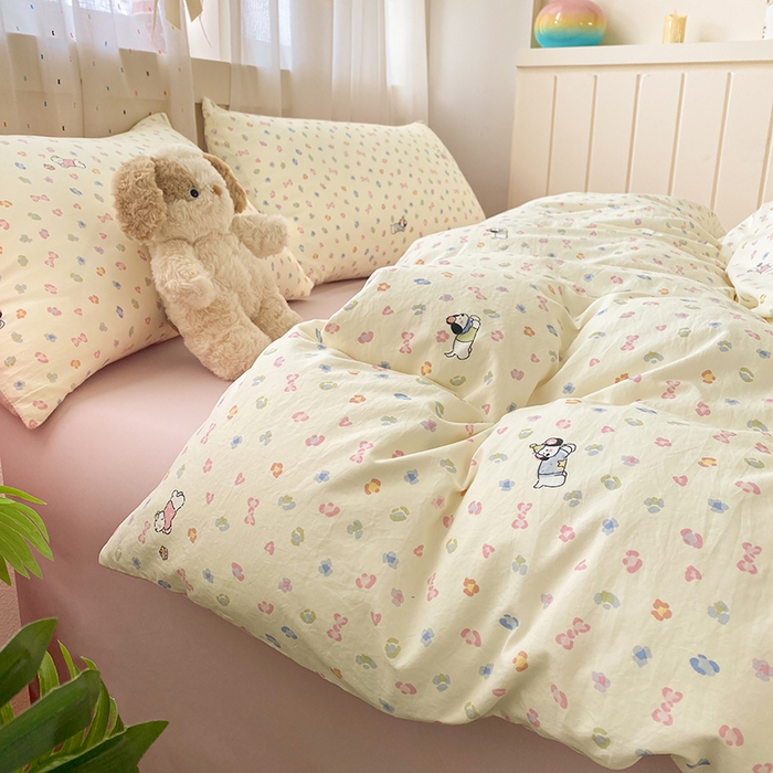 91家纺网 家纺一手货源 找家纺 卢赛尔 2026新款古法水洗仿棉云感棉学生三件套四件套 萌萌汪