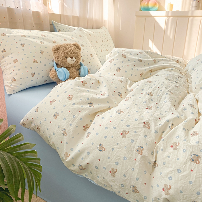 91家纺网 家纺一手货源 找家纺 卢赛尔 2026新款古法水洗仿棉云感棉学生三件套四件套 爱心象