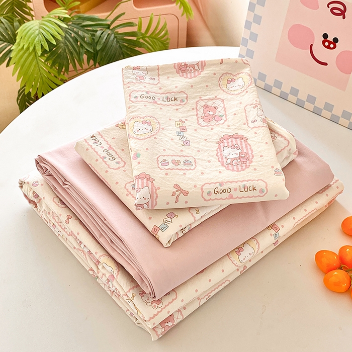 91家纺网 家纺一手货源 找家纺 卢赛尔 2026新款古法水洗仿棉云感棉学生三件套四件套 可爱猫