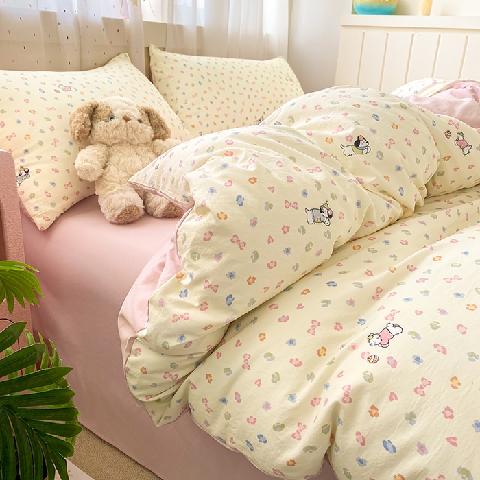 91家纺网 家纺一手货源 找家纺 卢赛尔 2026新款古法水洗仿棉云感棉学生三件套四件套 萌萌汪