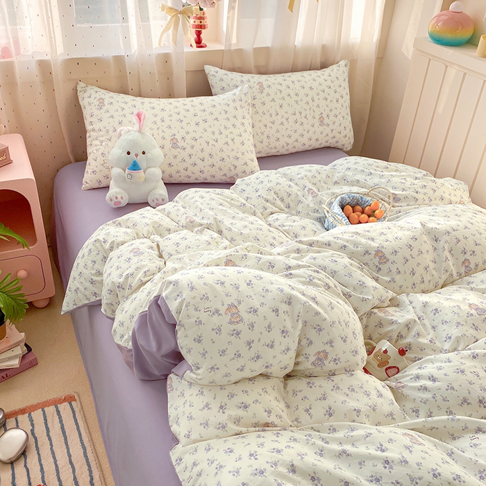 91家纺网 家纺一手货源 找家纺 卢赛尔 2026新款古法水洗仿棉云感棉学生三件套四件套 海盐小花