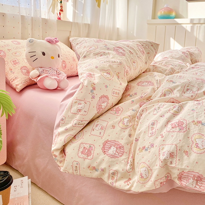 91家纺网 家纺一手货源 找家纺 卢赛尔 2026新款古法水洗仿棉云感棉学生三件套四件套 可爱猫