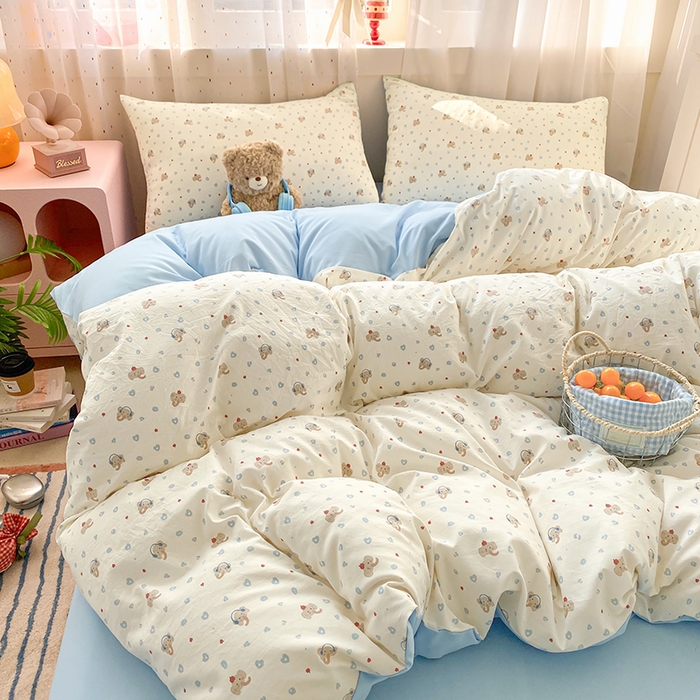 91家纺网 家纺一手货源 找家纺 卢赛尔 2026新款古法水洗仿棉云感棉学生三件套四件套 爱心象