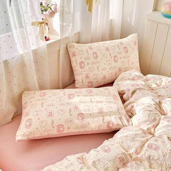 91家纺网 家纺一手货源 找家纺 卢赛尔 2026新款古法水洗仿棉云感棉学生三件套四件套 可爱猫