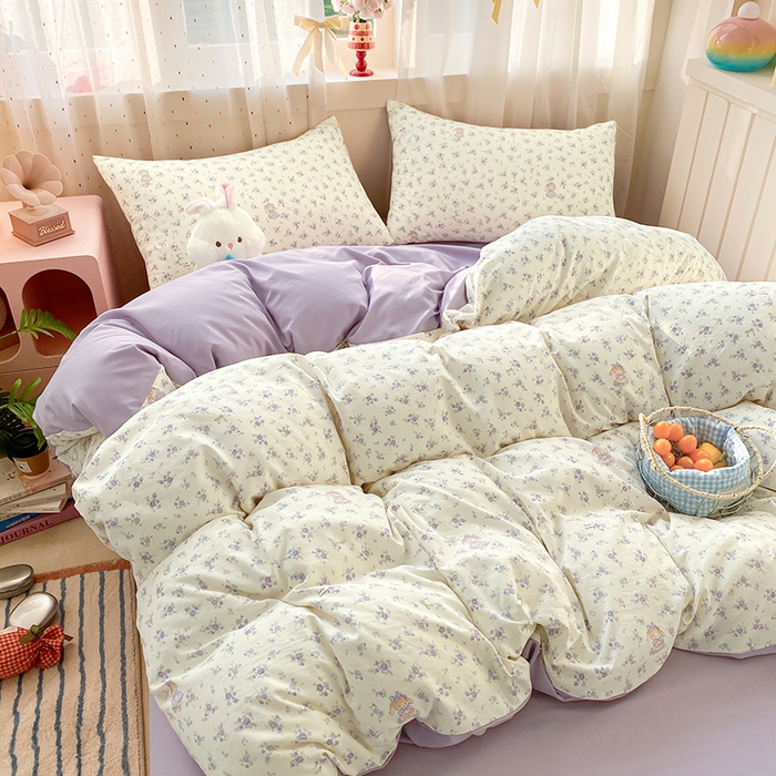 91家纺网 家纺一手货源 找家纺 卢赛尔 2026新款古法水洗仿棉云感棉学生三件套四件套 海盐小花