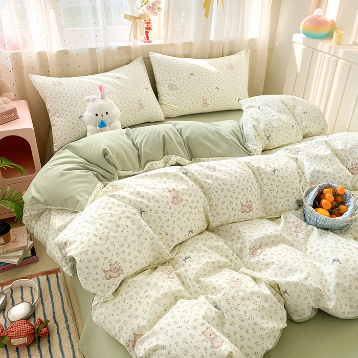 91家纺网 家纺一手货源 找家纺 卢赛尔 2026新款古法水洗仿棉云感棉学生三件套四件套 田园汪