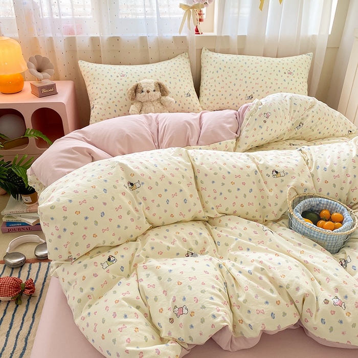 91家纺网 家纺一手货源 找家纺 卢赛尔 2026新款古法水洗仿棉云感棉学生三件套四件套 萌萌汪