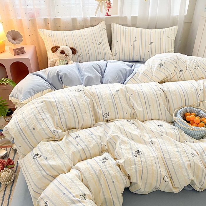 91家纺网 家纺一手货源 找家纺 卢赛尔 2026新款古法水洗仿棉云感棉学生三件套四件套 幻想鱼