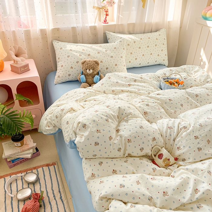 91家纺网 家纺一手货源 找家纺 卢赛尔 2026新款古法水洗仿棉云感棉学生三件套四件套 爱心象