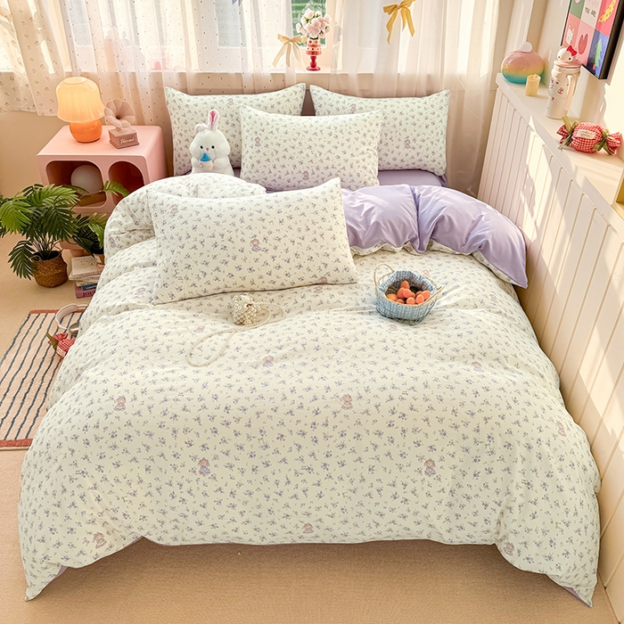 91家纺网 家纺一手货源 找家纺 卢赛尔 2026新款古法水洗仿棉云感棉学生三件套四件套 海盐小花