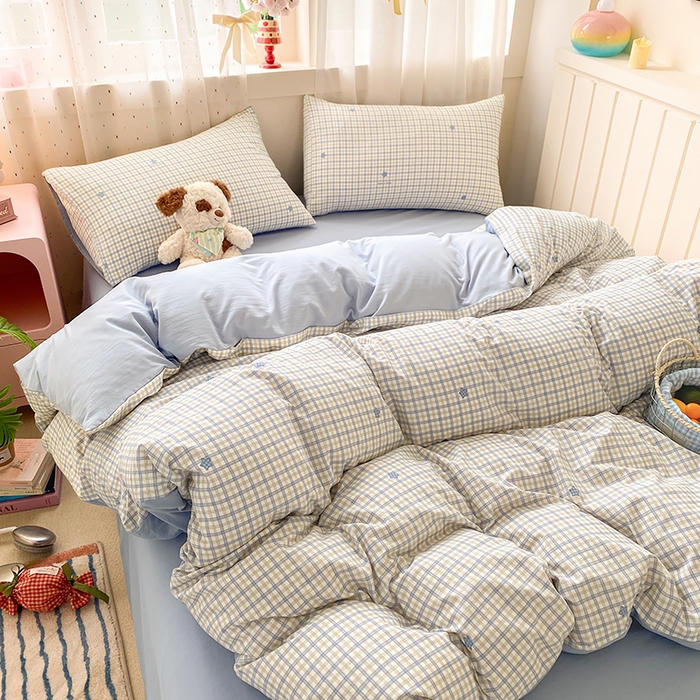 91家纺网 家纺一手货源 找家纺 卢赛尔 2026新款古法水洗仿棉云感棉学生三件套四件套 星星格