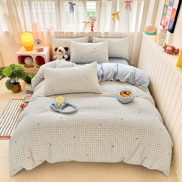 91家纺网 家纺一手货源 找家纺 卢赛尔 2026新款古法水洗仿棉云感棉学生三件套四件套 星星格