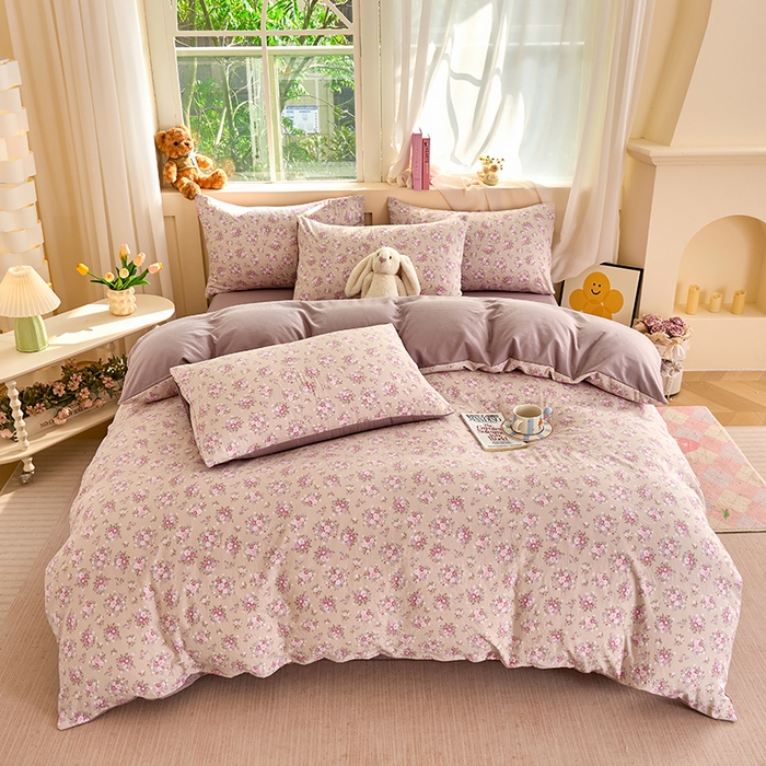 91家纺网 家纺一手货源 找家纺 卢赛尔 2026新款古法水洗仿棉云感棉学生三件套四件套 蔷薇-粉