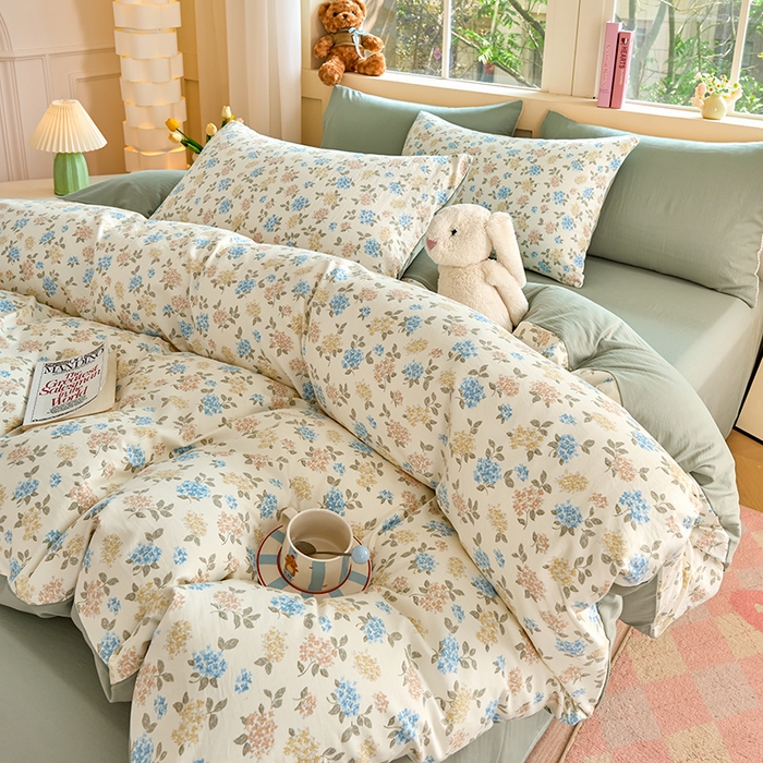 91家纺网 家纺一手货源 找家纺 卢赛尔 2026新款古法水洗仿棉云感棉学生三件套四件套 山茶-绿