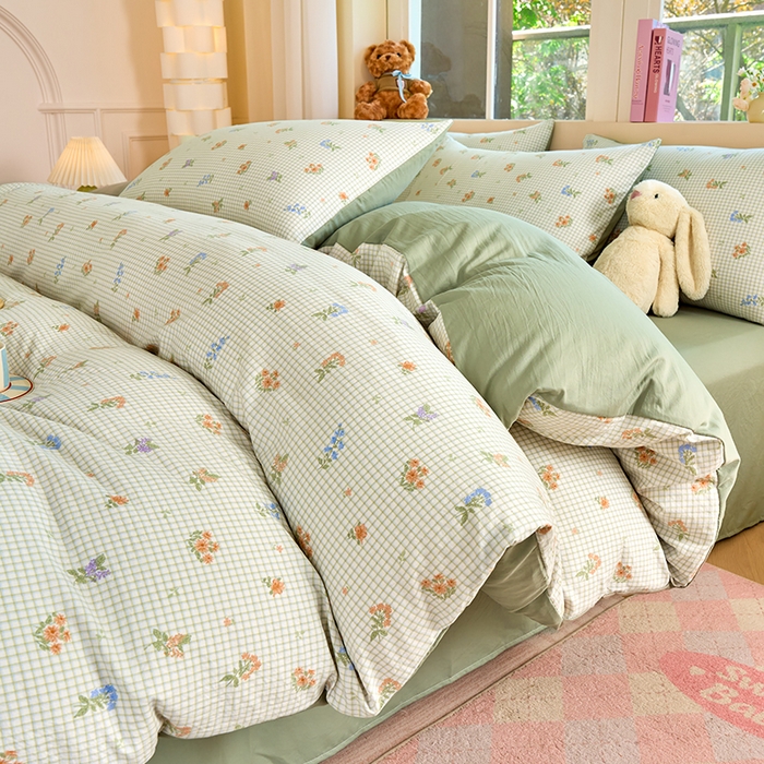 卢赛尔 2026新款古法水洗仿棉云感棉学生三件套四件套 格子-绿