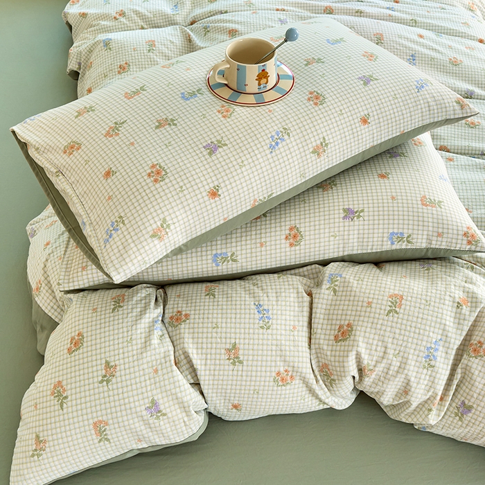 91家纺网 家纺一手货源 找家纺 卢赛尔 2026新款古法水洗仿棉云感棉学生三件套四件套 格子-绿