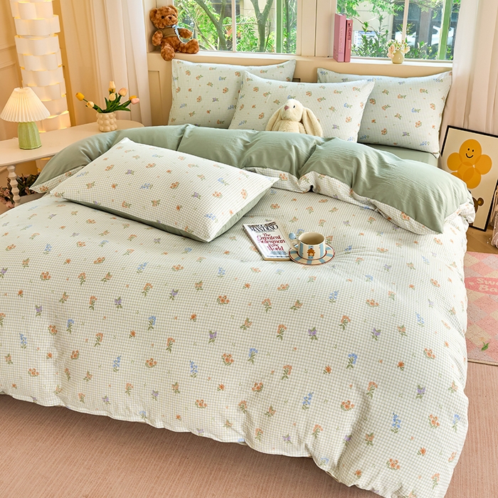 91家纺网 家纺一手货源 找家纺 卢赛尔 2026新款古法水洗仿棉云感棉学生三件套四件套 格子-绿