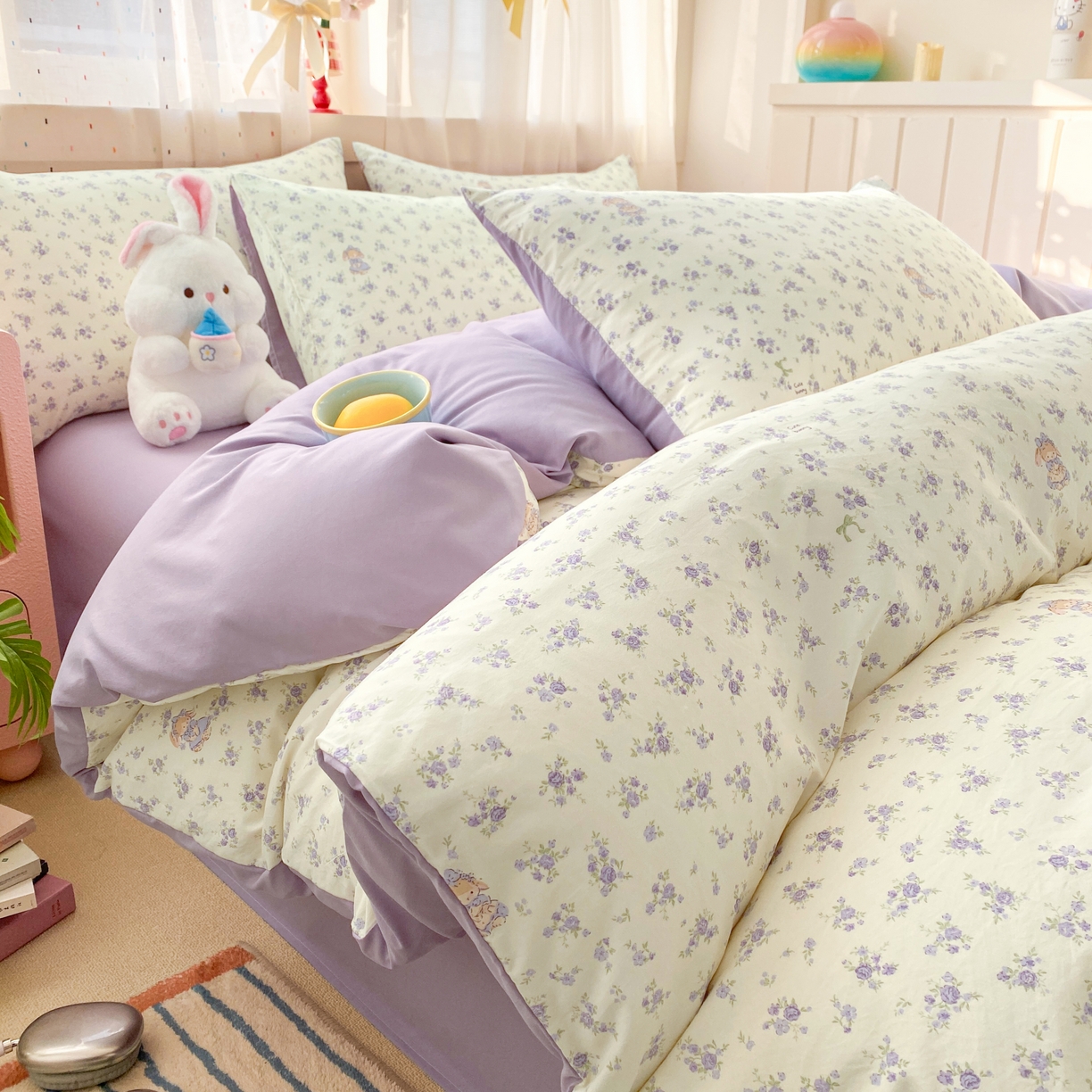 卢赛尔 2026新款古法水洗仿棉云感棉学生三件套四件套 海盐小花