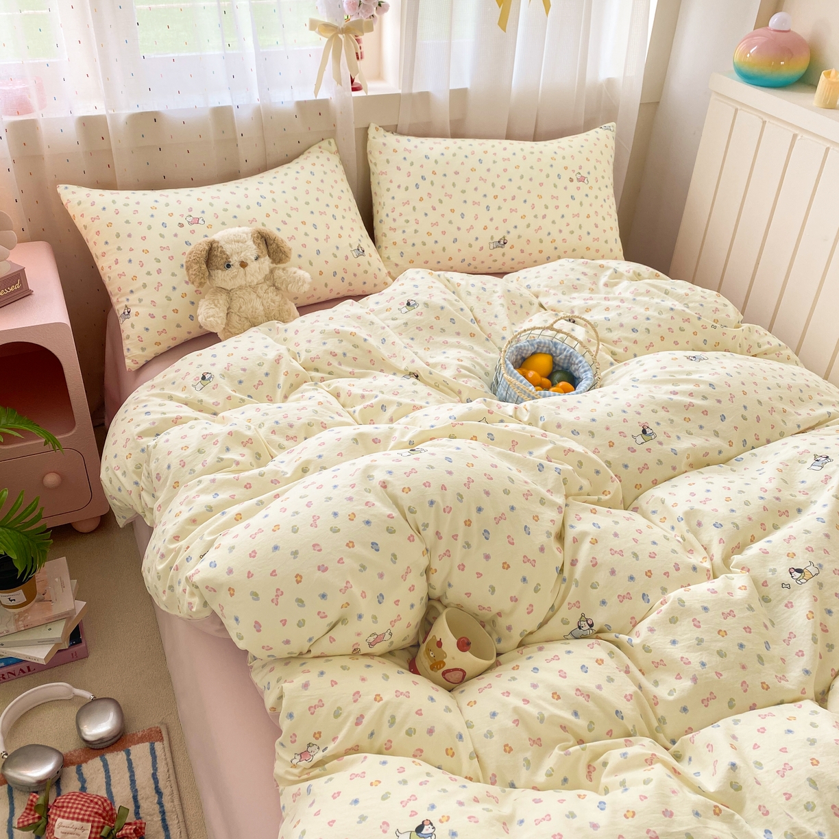 91家纺网 家纺一手货源 找家纺 卢赛尔 2026新款古法水洗仿棉云感棉学生三件套四件套 萌萌汪