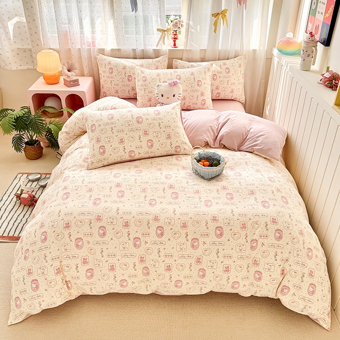 91家纺网 家纺一手货源 找家纺 卢赛尔 2026新款古法水洗仿棉云感棉学生三件套四件套 可爱猫