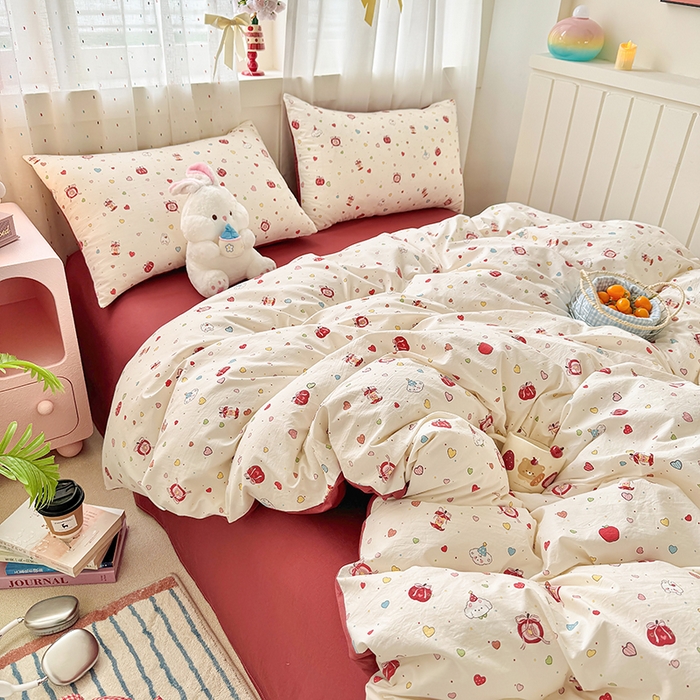 91家纺网 家纺一手货源 找家纺 卢赛尔 2026新款古法水洗仿棉云感棉学生三件套四件套 苹果派