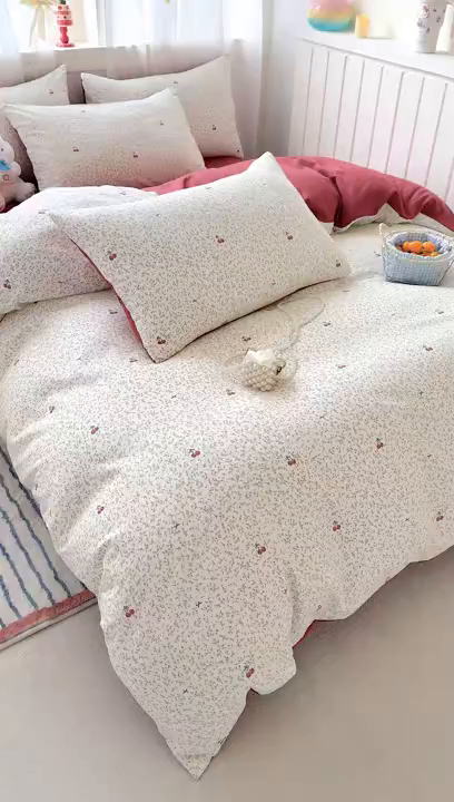 91家纺网 家纺一手货源 找家纺 卢赛尔 2026新款古法水洗仿棉云感棉学生三件套四件套 樱桃园