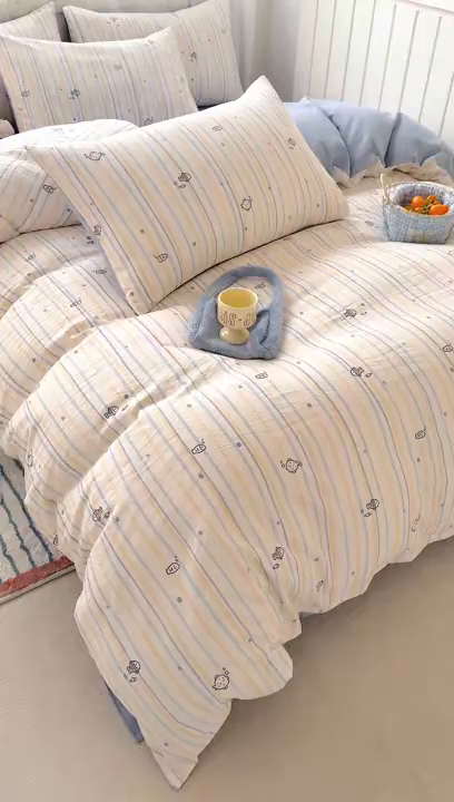 91家纺网 家纺一手货源 找家纺 卢赛尔 2026新款古法水洗仿棉云感棉学生三件套四件套 幻想鱼
