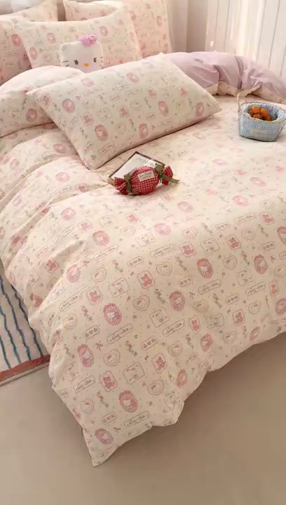 91家纺网 家纺一手货源 找家纺 卢赛尔 2026新款古法水洗仿棉云感棉学生三件套四件套 可爱猫