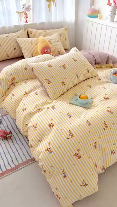 91家纺网 家纺一手货源 找家纺 卢赛尔 2026新款古法水洗仿棉云感棉学生三件套四件套 顽皮