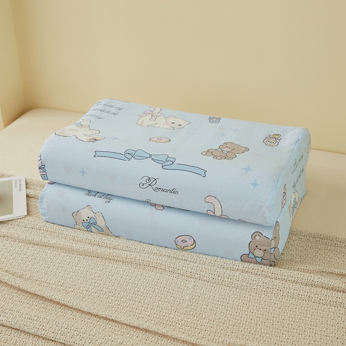 91家纺网 家纺一手货源 找家纺 翎盈家纺 2026款ins风小清新卡通纯棉乳胶枕专用枕套全棉波浪形枕头套 奶油阿布-蓝