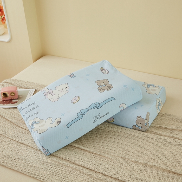 91家纺网 家纺一手货源 找家纺 翎盈家纺 2026款ins风小清新卡通纯棉乳胶枕专用枕套全棉波浪形枕头套 奶油阿布-蓝