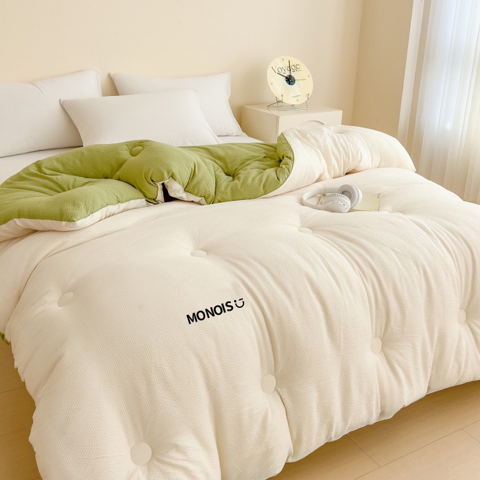 91家纺网 家纺一手货源 找家纺 好尚居 2026新款泡泡纱拼色超柔云感大豆被被子被芯 白拼绿