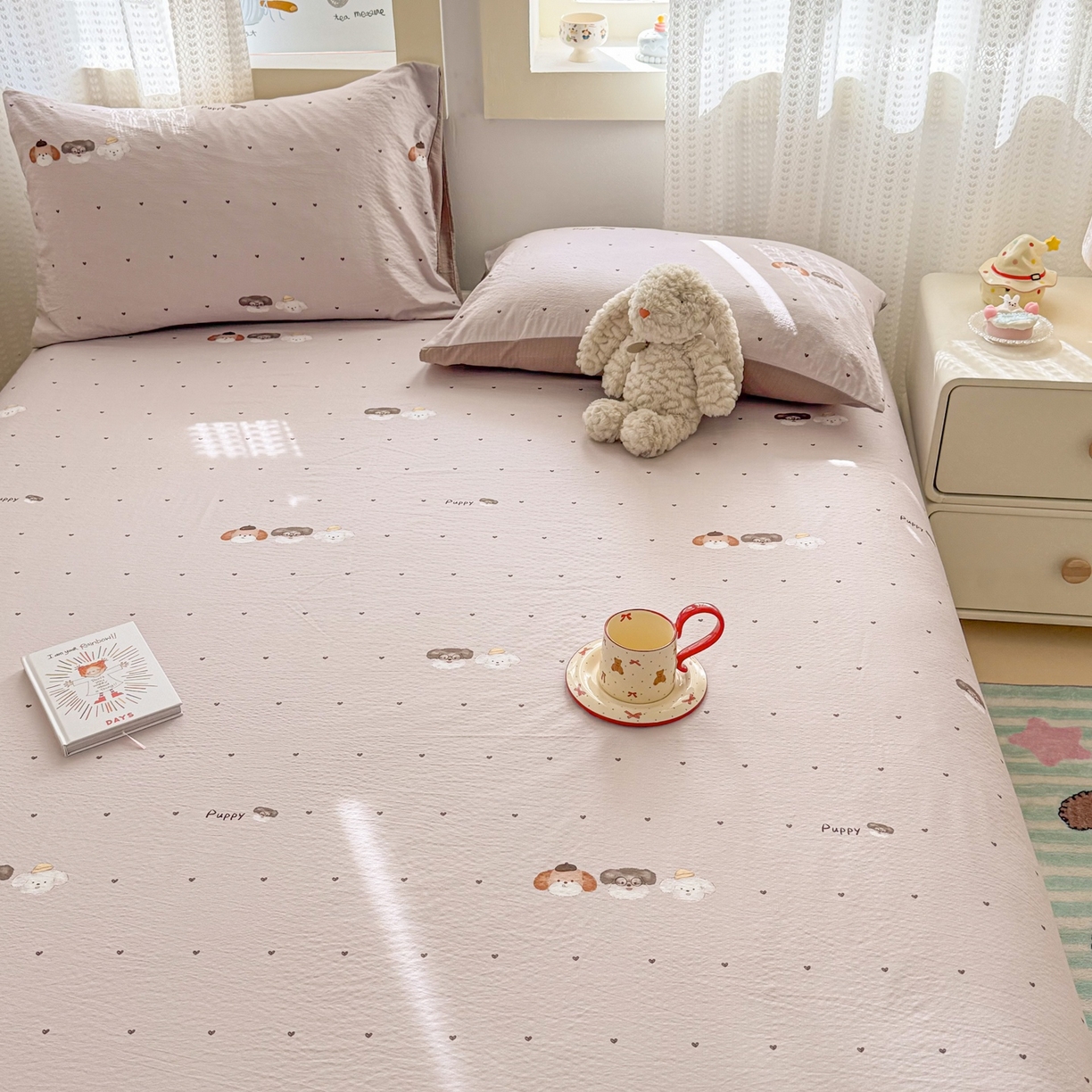 91家纺网 家纺一手货源 找家纺 丽美人家纺 2026新款A类皱皱双层纱印花单床单床单单件 爱心小狗