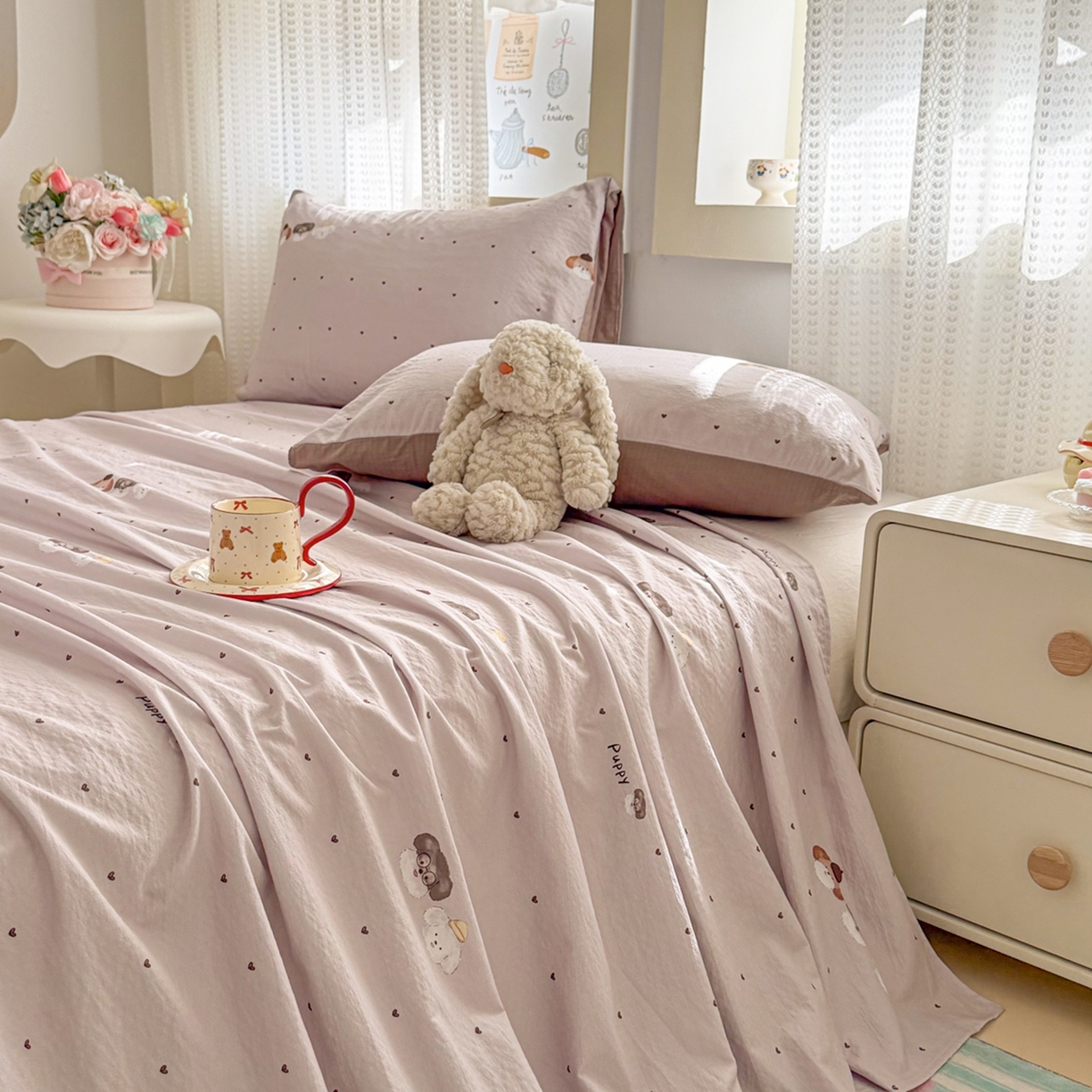 91家纺网 家纺一手货源 找家纺 丽美人家纺 2026新款A类皱皱双层纱印花单床单床单单件 爱心小狗