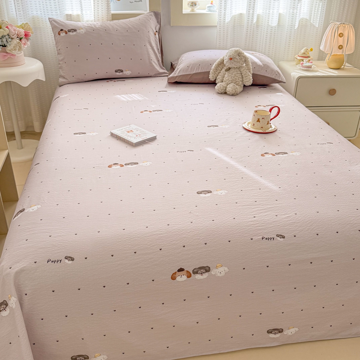 91家纺网 家纺一手货源 找家纺 丽美人家纺 2026新款A类皱皱双层纱印花单床单床单单件 爱心小狗