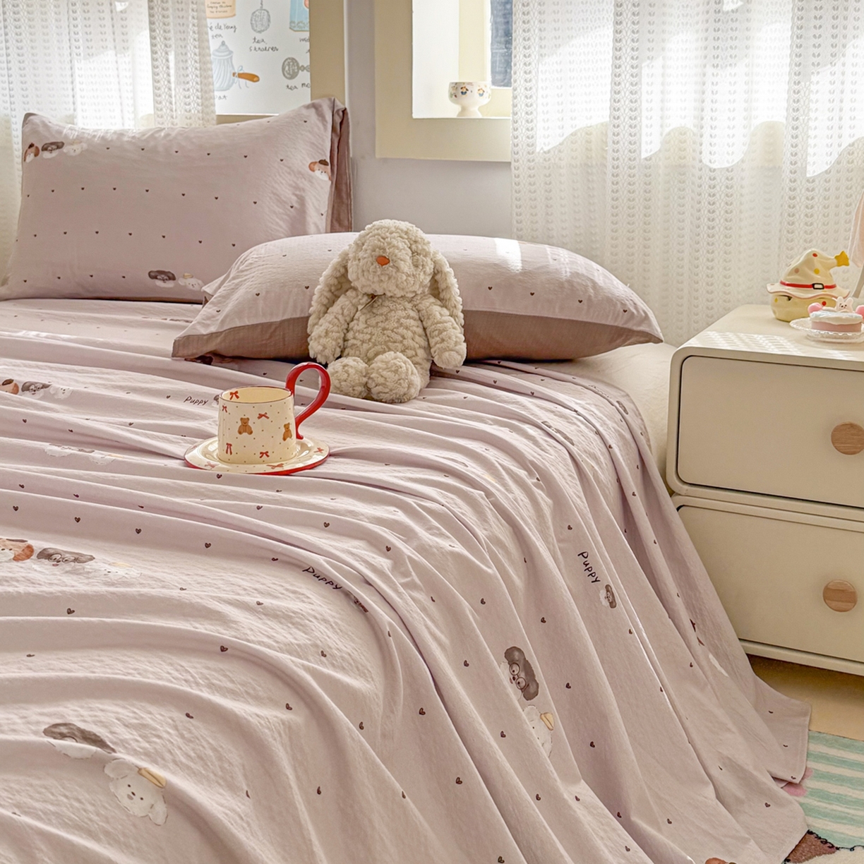 91家纺网 家纺一手货源 找家纺 丽美人家纺 2026新款A类皱皱双层纱印花单床单床单单件 爱心小狗