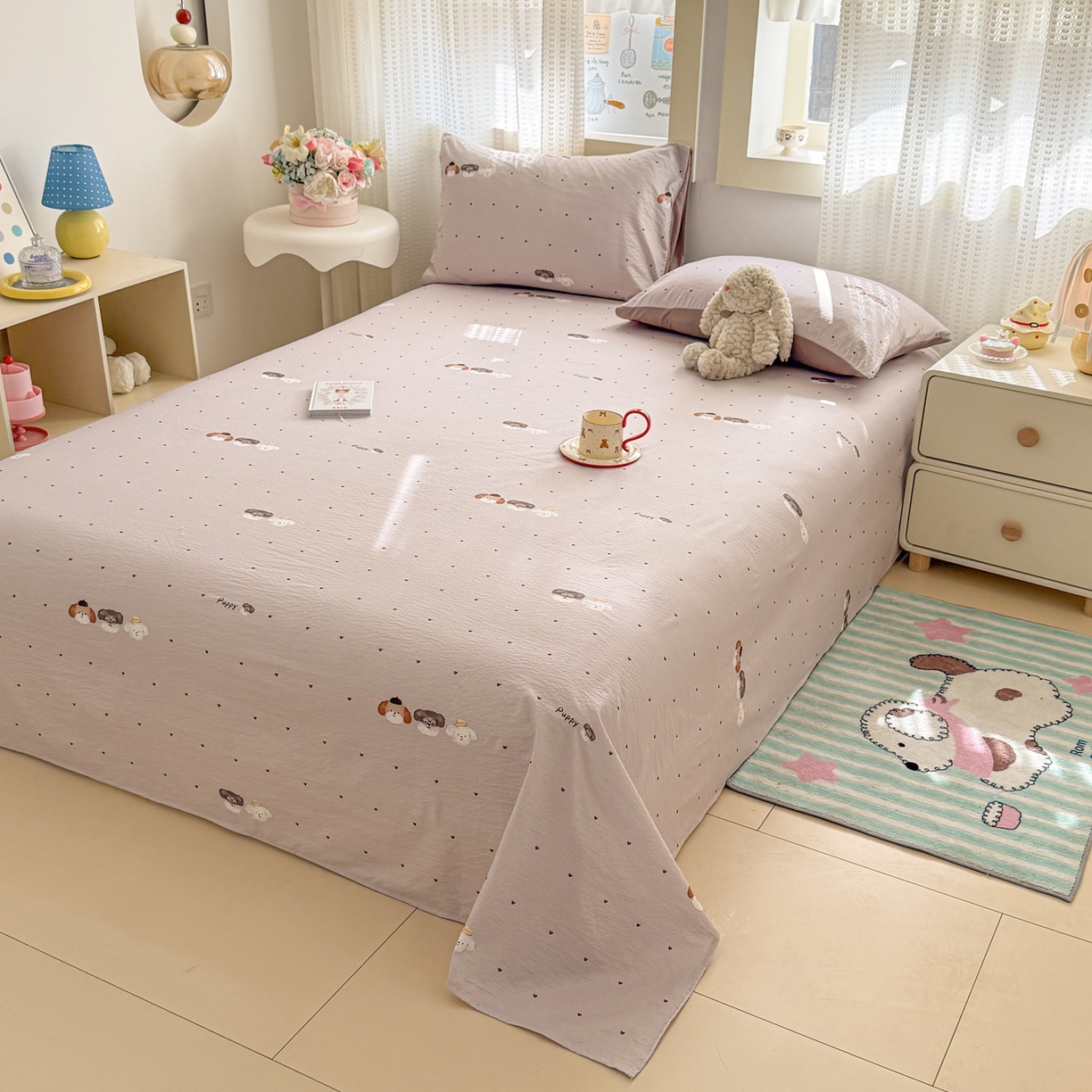 91家纺网 家纺一手货源 找家纺 丽美人家纺 2026新款A类皱皱双层纱印花单床单床单单件 爱心小狗