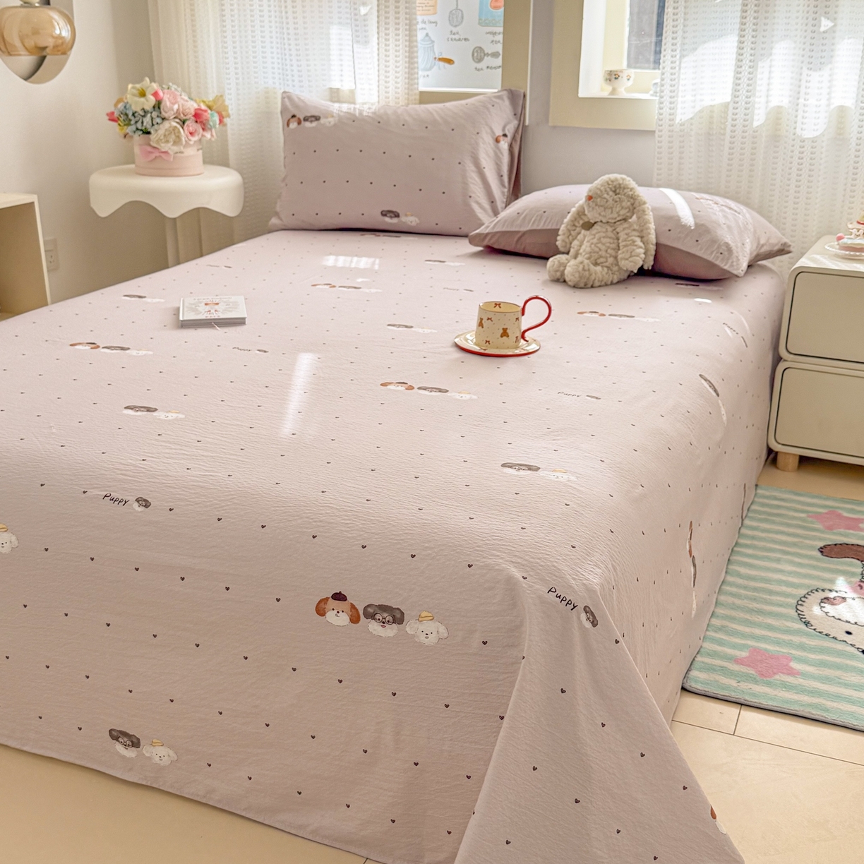 91家纺网 家纺一手货源 找家纺 丽美人家纺 2026新款A类皱皱双层纱印花单床单床单单件 爱心小狗