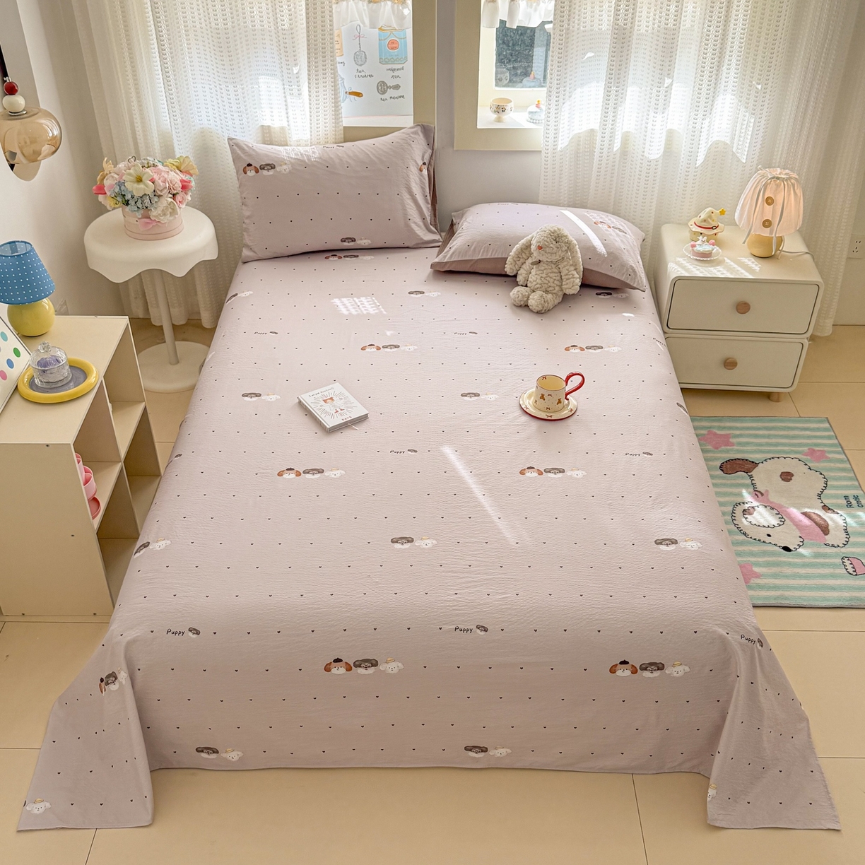 91家纺网 家纺一手货源 找家纺 丽美人家纺 2026新款A类皱皱双层纱印花单床单床单单件 爱心小狗