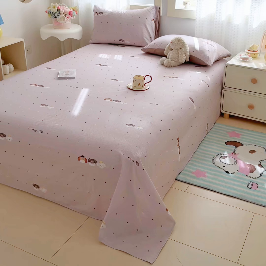 91家纺网 家纺一手货源 找家纺 丽美人家纺 2026新款A类皱皱双层纱印花单床单床单单件 爱心小狗