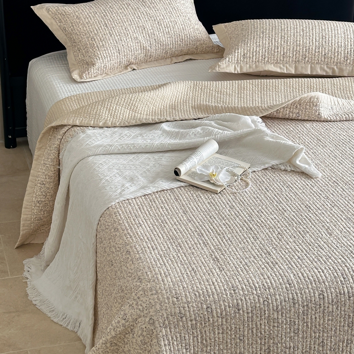 床盖工厂店 2026春夏新款双面100%全棉填充棉花床盖三件套 爱丽丝