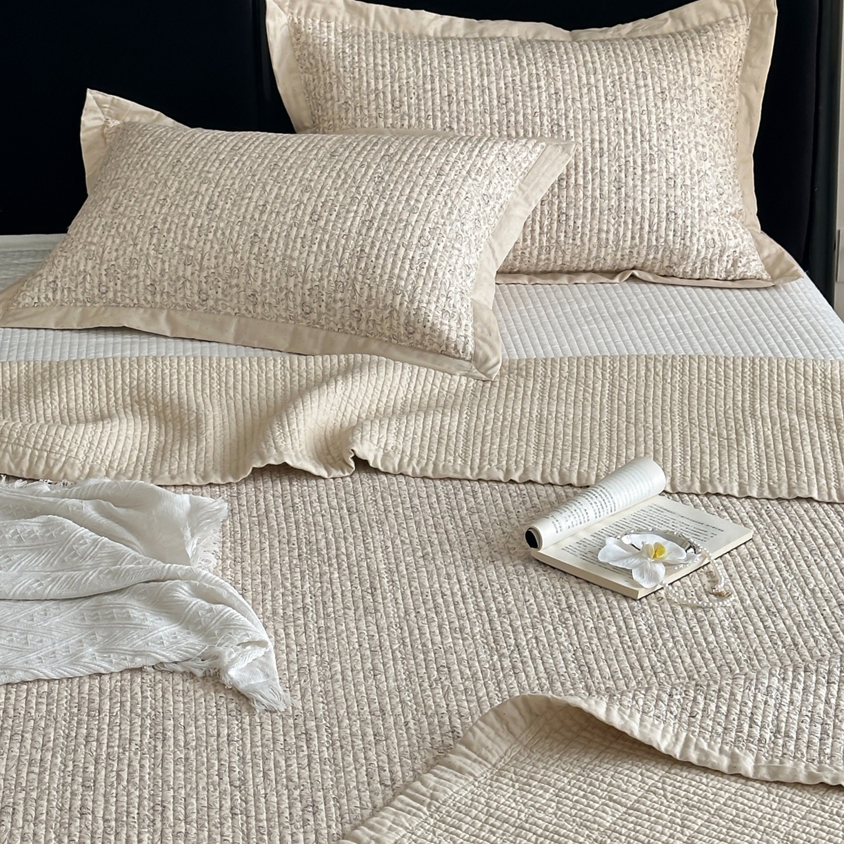 91家纺网 家纺一手货源 找家纺 床盖工厂店 2026春夏新款双面100%全棉填充棉花床盖三件套 爱丽丝