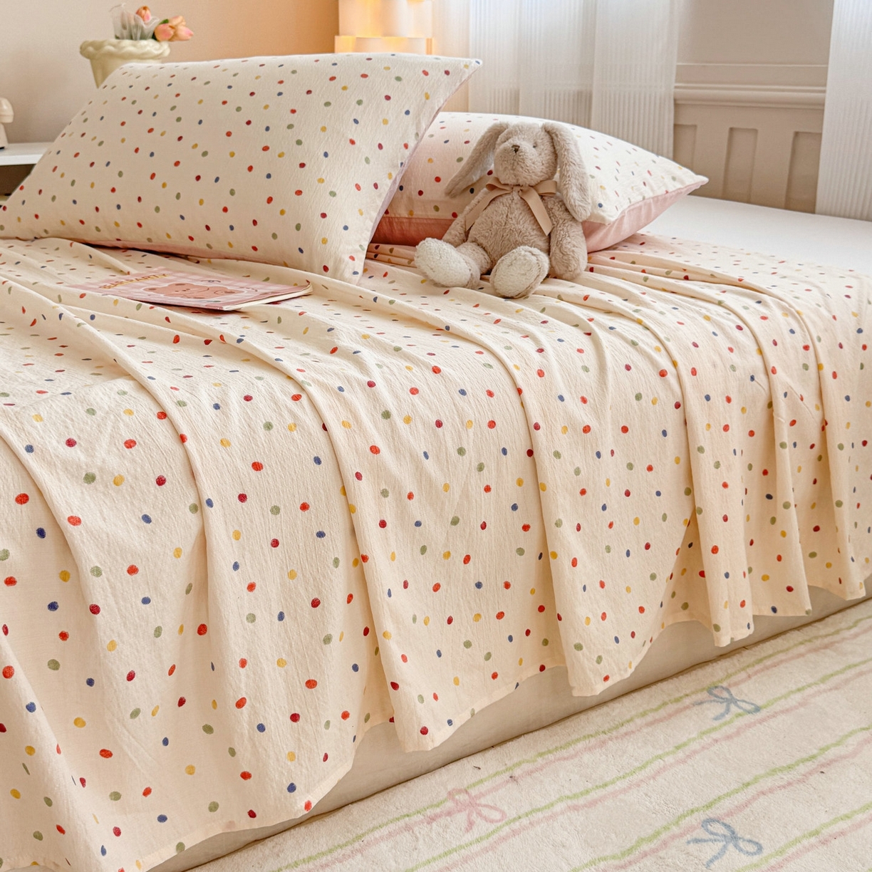 91家纺网 家纺一手货源 找家纺 丽美人家纺 2026新款A类皱皱双层纱印花单床单床单单件 彩色波点