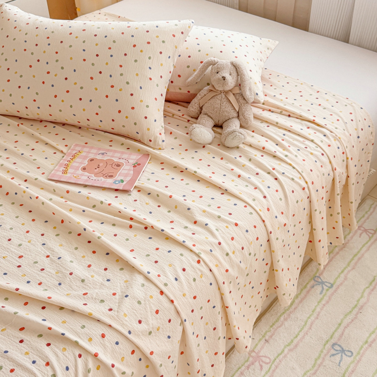 91家纺网 家纺一手货源 找家纺 丽美人家纺 2026新款A类皱皱双层纱印花单床单床单单件 彩色波点