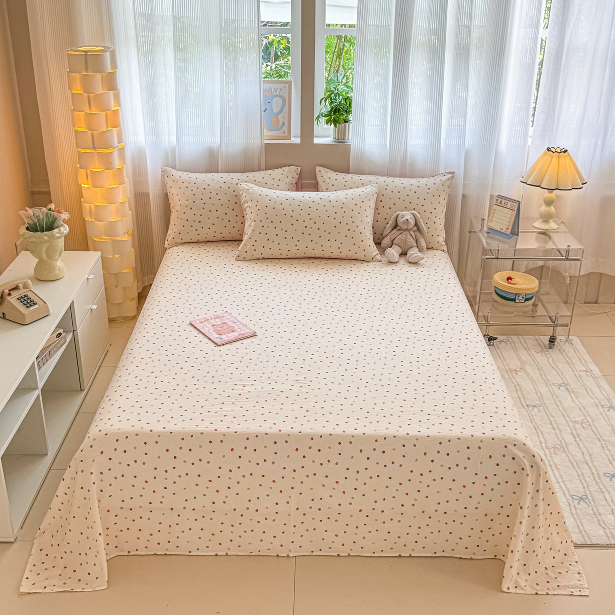 91家纺网 家纺一手货源 找家纺 丽美人家纺 2026新款A类皱皱双层纱印花单床单床单单件 彩色波点