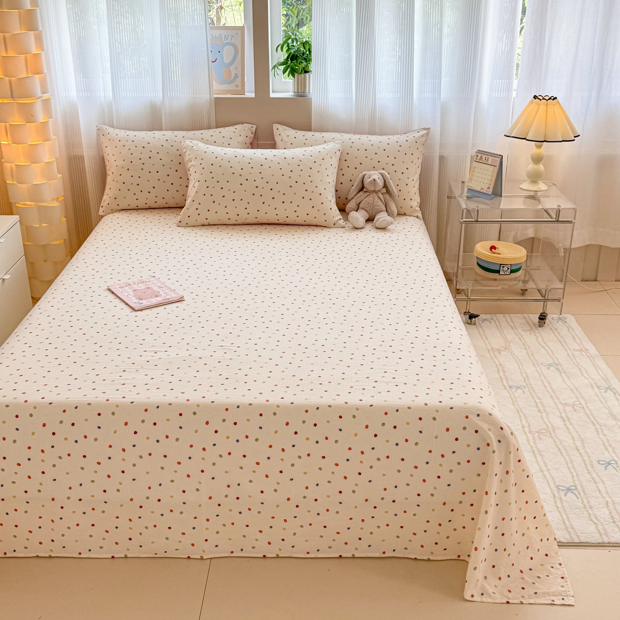 91家纺网 家纺一手货源 找家纺 丽美人家纺 2026新款A类皱皱双层纱印花单床单床单单件 彩色波点