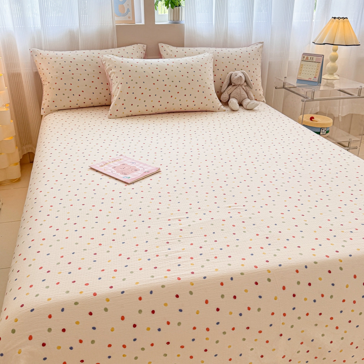 91家纺网 家纺一手货源 找家纺 丽美人家纺 2026新款A类皱皱双层纱印花单床单床单单件 彩色波点