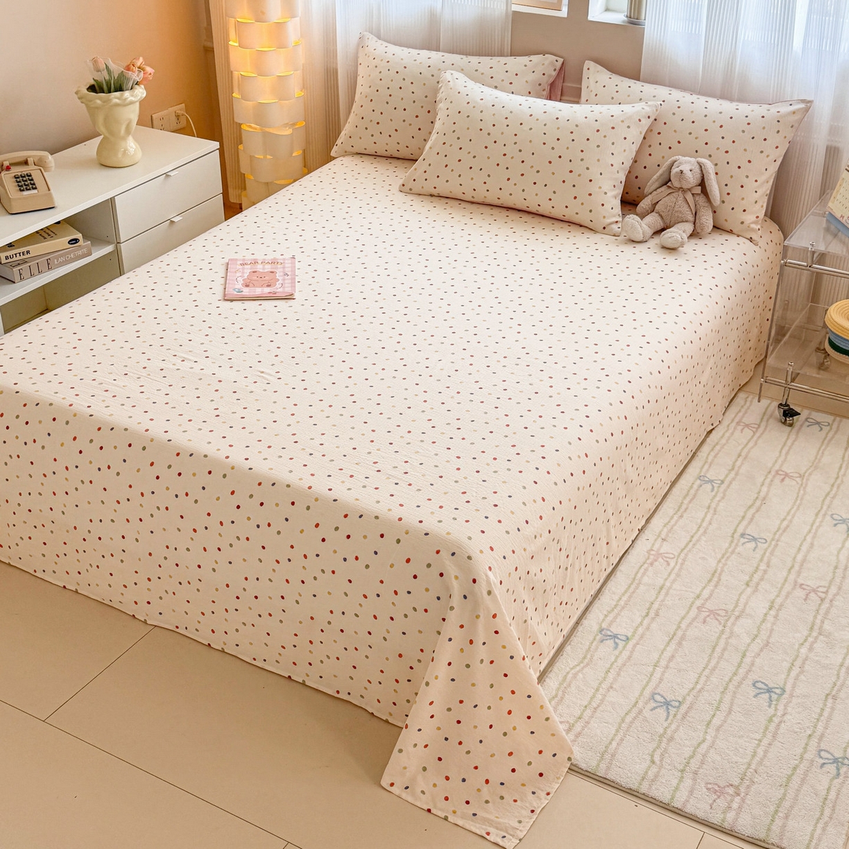 91家纺网 家纺一手货源 找家纺 丽美人家纺 2026新款A类皱皱双层纱印花单床单床单单件 彩色波点